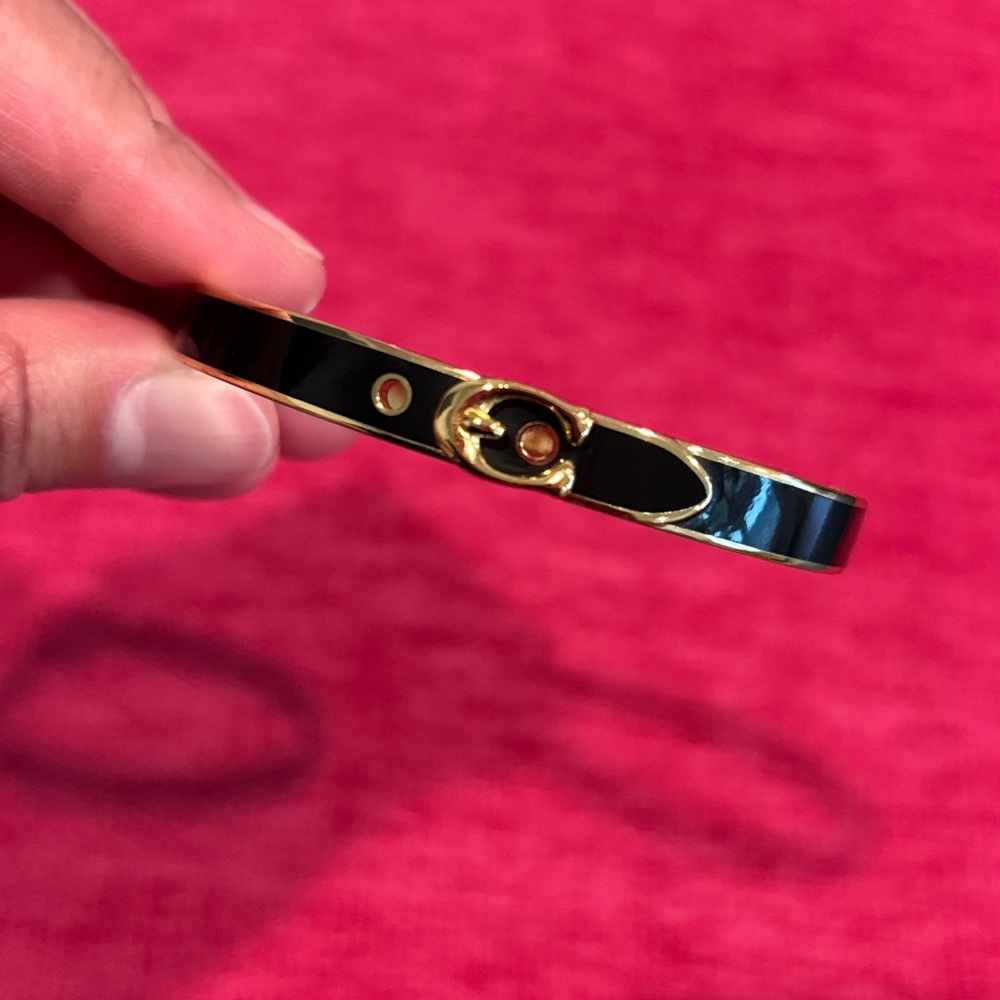 Coach Enamel Hinge Buckle Bangle Bracelet - Black and Gold